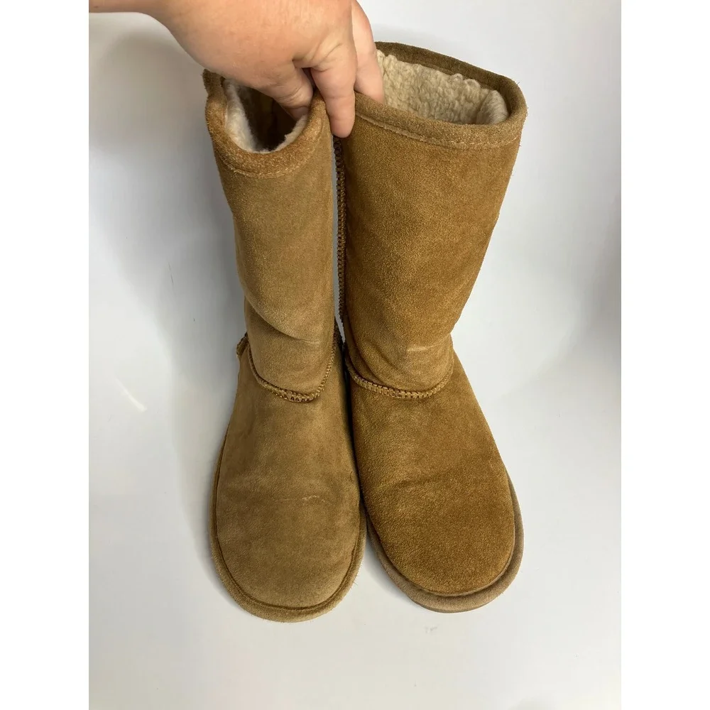 Bearpaw shearling pull on boots women's size 10 tan brown suede winter cozy‎